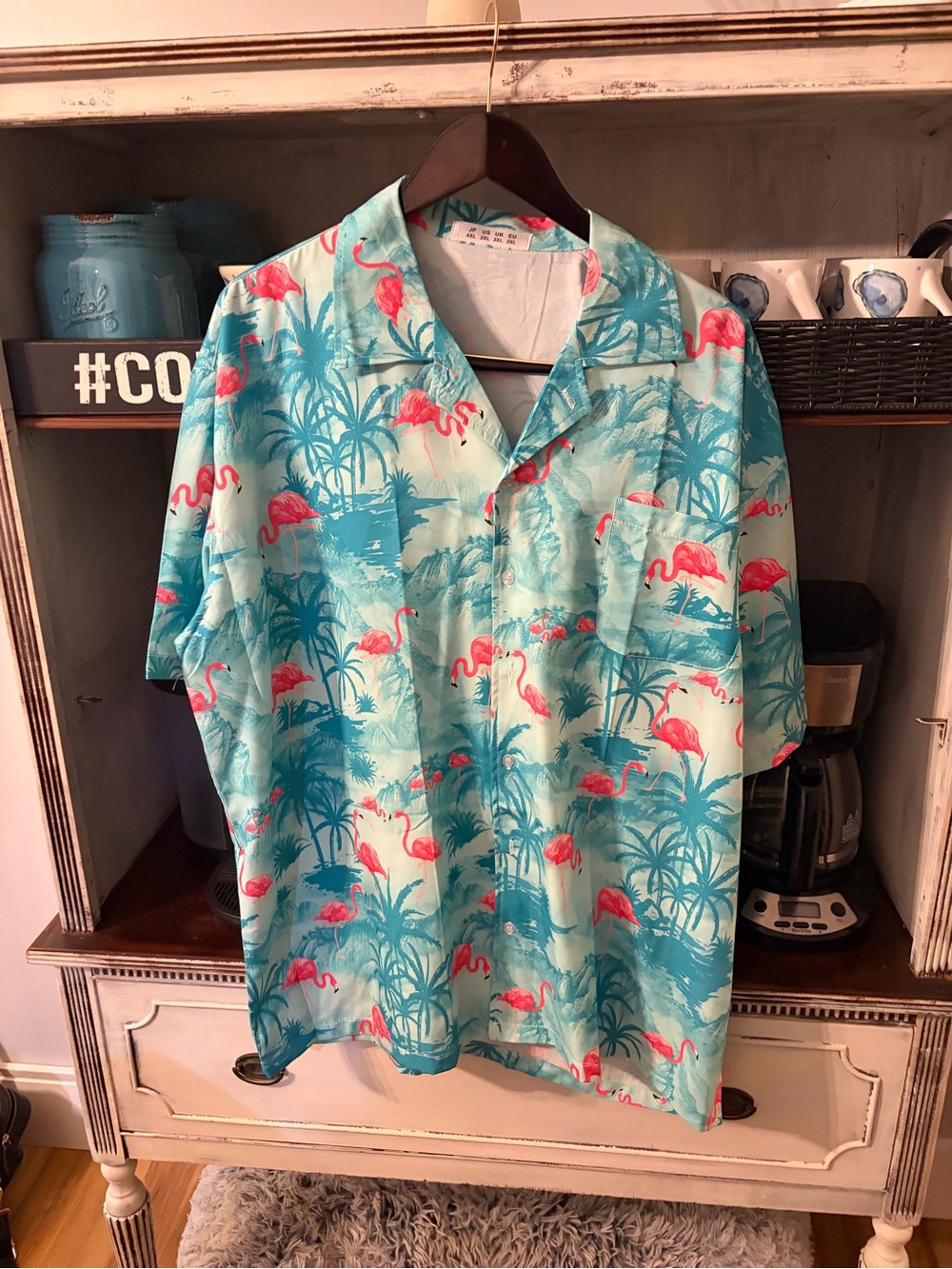 Source Unknown Aqua Tropical Flamingo Camp Shirt